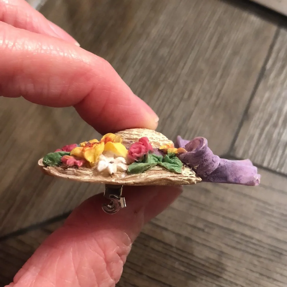 Vintage Resin Straw Hat Pin with Flowers, Purple Bow, Bonnet